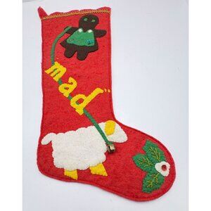 Vintage Felt Christmas Stocking Handmade Applique Gingerbread Girl Lamb Holly